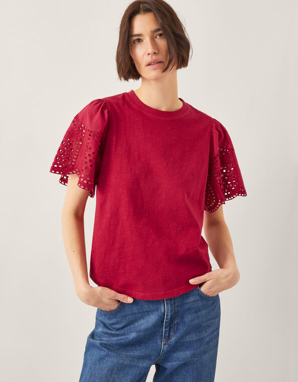 Bel Broderie Sleeve T-Shirt, Red (RED), large