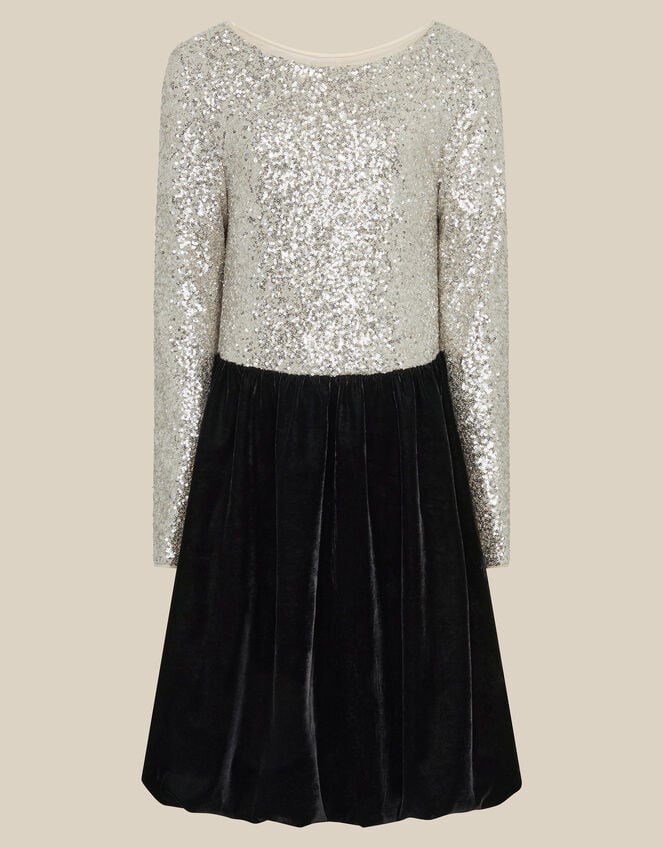 Long Sleeve Sequin Velvet Party Dress, Black (BLACK), large