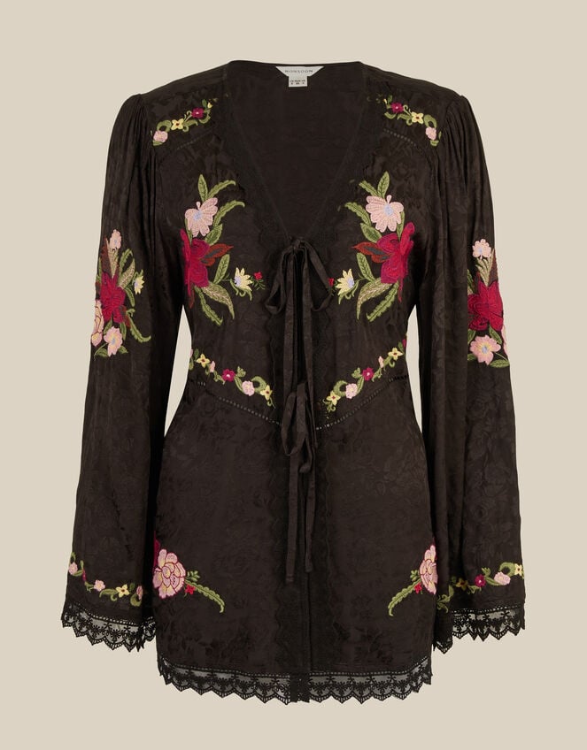 Yara Floral Embroidered Lace Trim Top, Black (BLACK), large