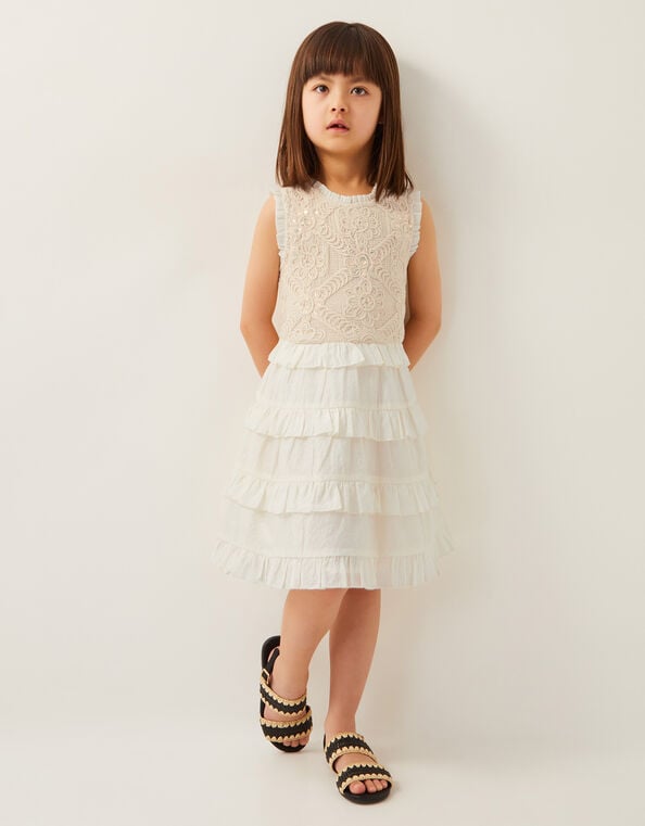 Crochet Yoke Ruffle Dress, Ivory (IVORY), large