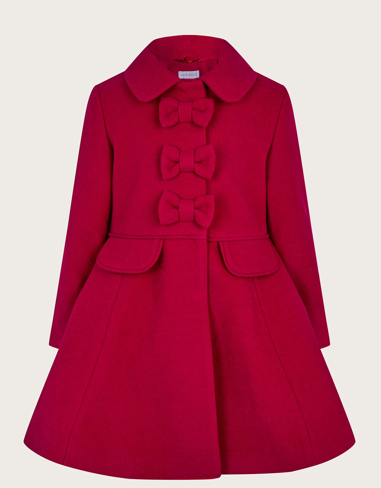 Triple Bow Skirted Coat with Faux Fur Collar Red