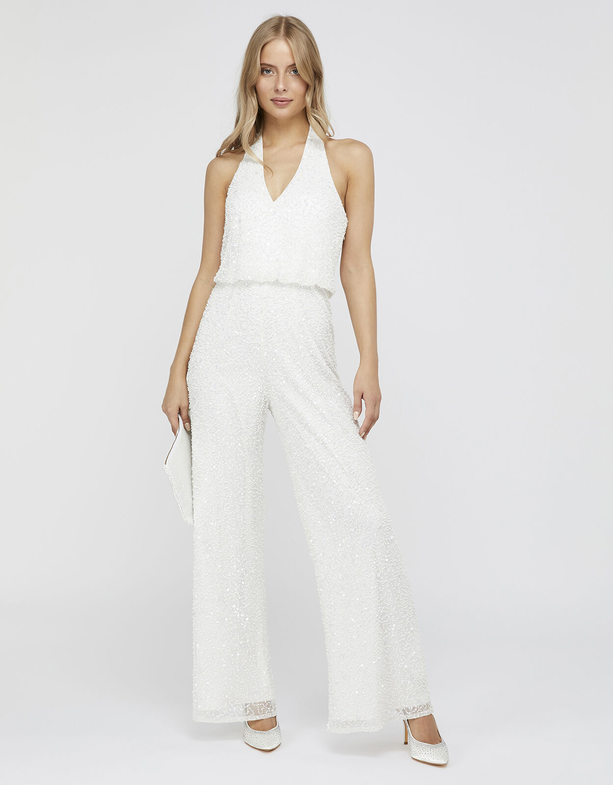 Diana Bridal Embellished Halter Jumpsuit Ivory