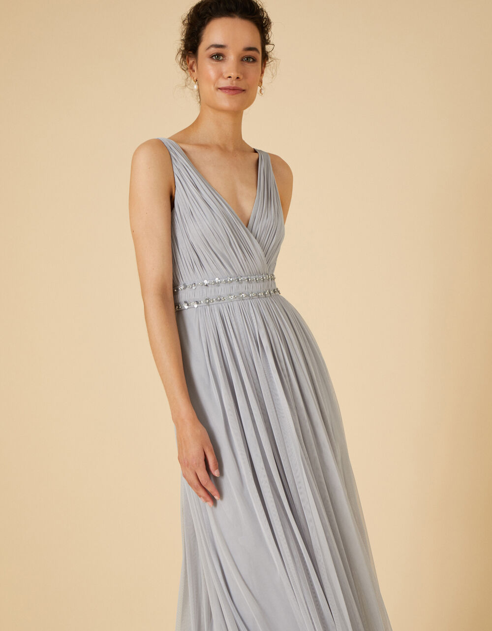 Women Dresses | Pleated Embellished Maxi Dress Silver - JO49993