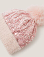 Sequin Pom-Pom Beanie, Pink (PINK), large