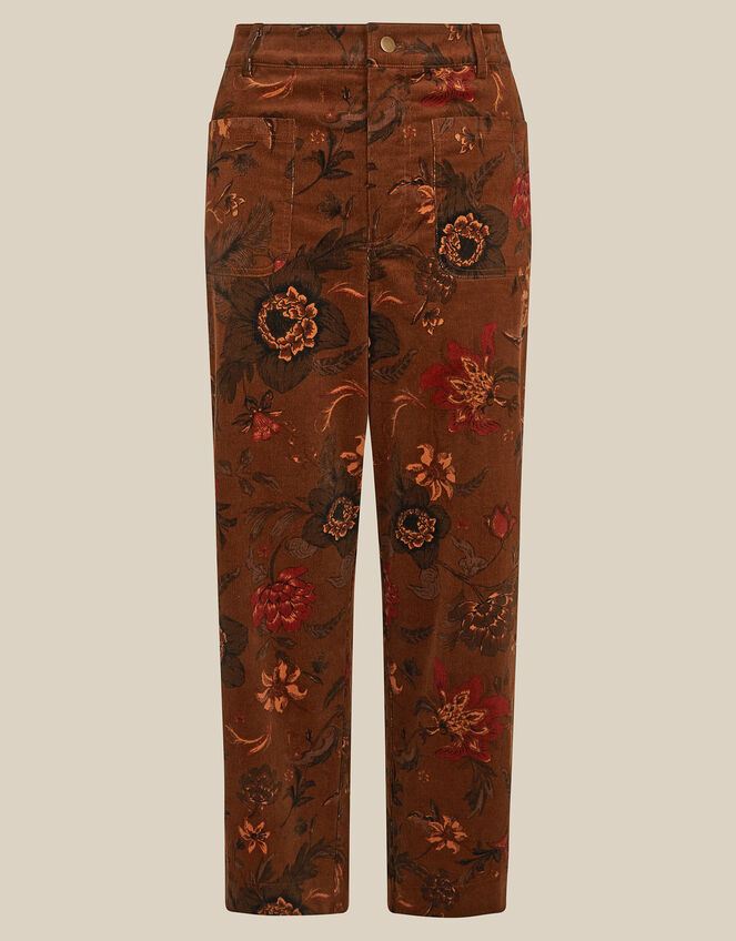 Princella High Waisted Cropped Floral Corduroy Trousers, Brown (BROWN), large
