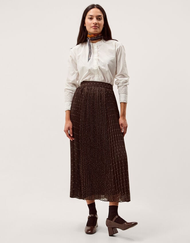Demi Polka Dot Pleated Midi Skirt, Brown (CHOCOLATE), large
