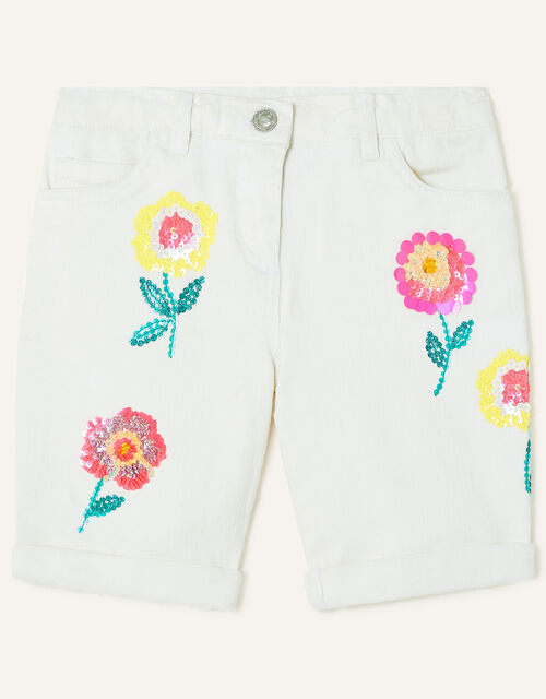 Denim Flower Midi Shorts with Sustainable Cotton, White (WHITE), large