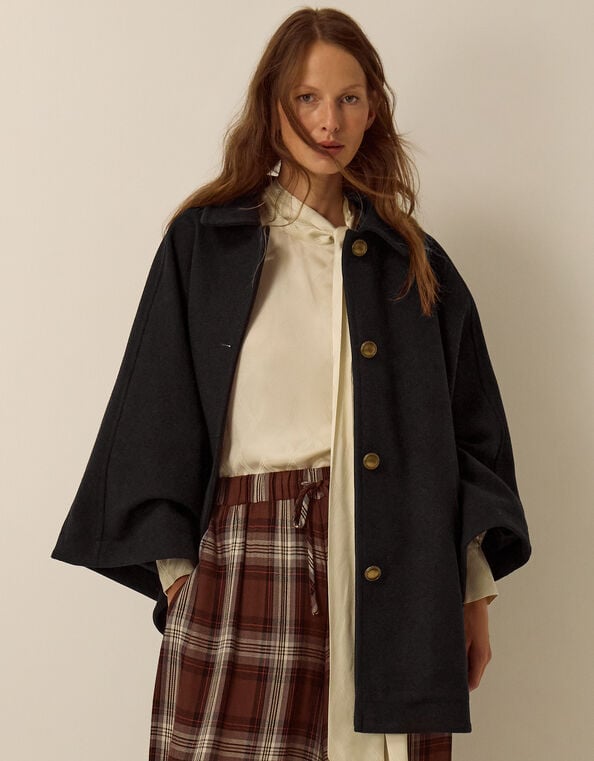 Claudie Collar Cape Coat, Black (BLACK), large