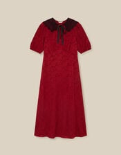 Tiana Collared Floral Jacquard Midi Dress, Red (BURGUNDY), large