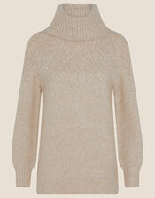 Cowl Neck Stitch Detail Longline Jumper, Camel (OATMEAL), large