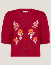 Ellen Short Sleeve Floral Embroidered Cardigan, Red (RED), large