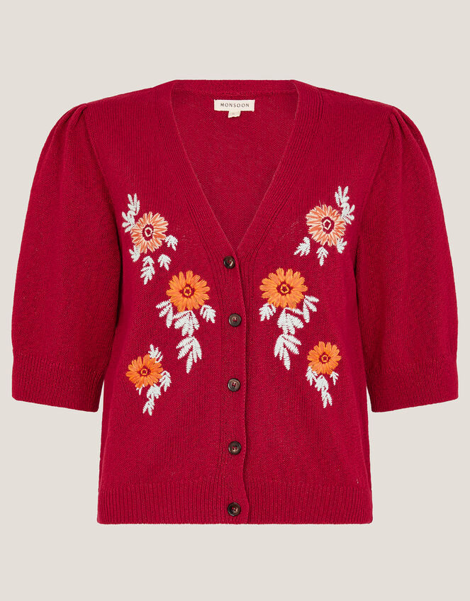 Ellen Short Sleeve Floral Embroidered Cardigan, Red (RED), large
