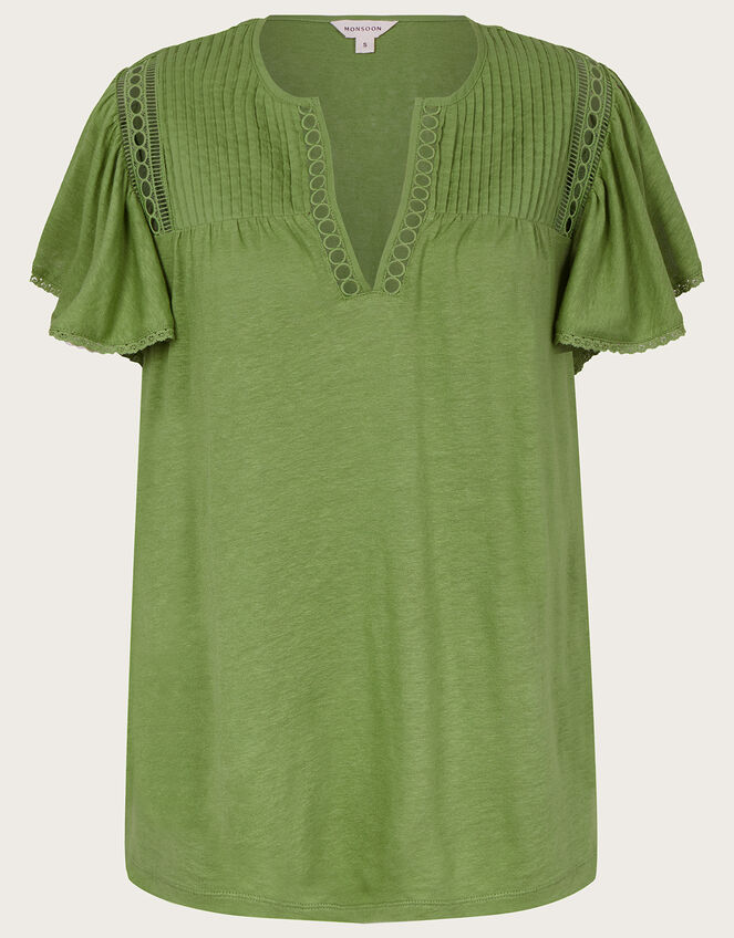 V-Neck Woven Top in Linen Blend, Green (GREEN), large