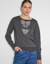 Di Sequin Bow Crew Neck Jumper, Grey (DARK GREY), large