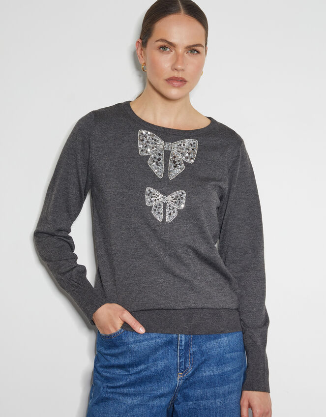 Di Sequin Bow Crew Neck Jumper, Grey (DARK GREY), large