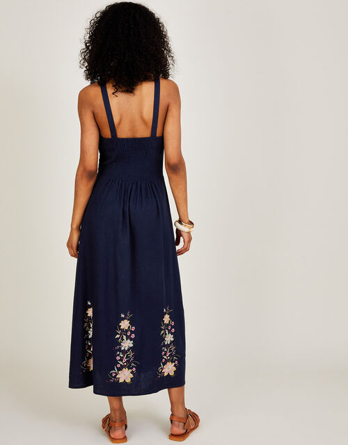 Leah Embroidered Midi Dress in Linen Blend , Blue (NAVY), large