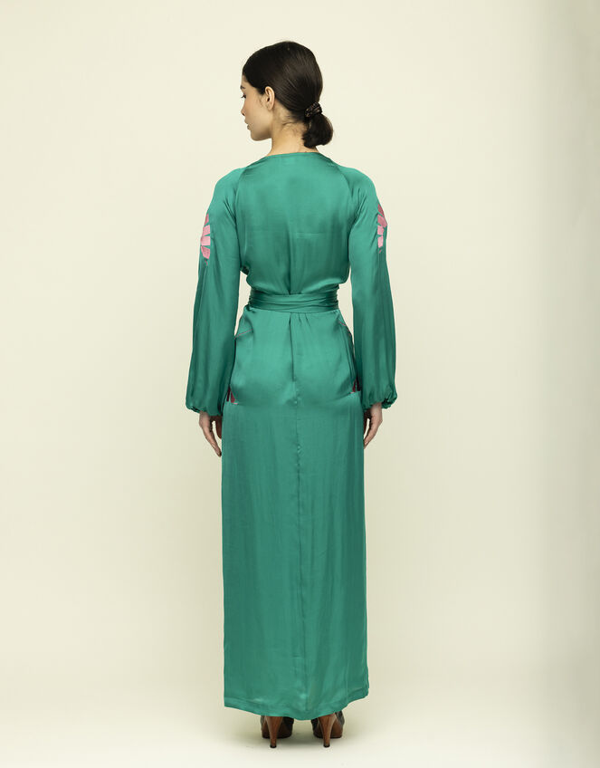 Tallulah & Hope Aziza Long Embroidered Wrap Dress, Green (GREEN), large