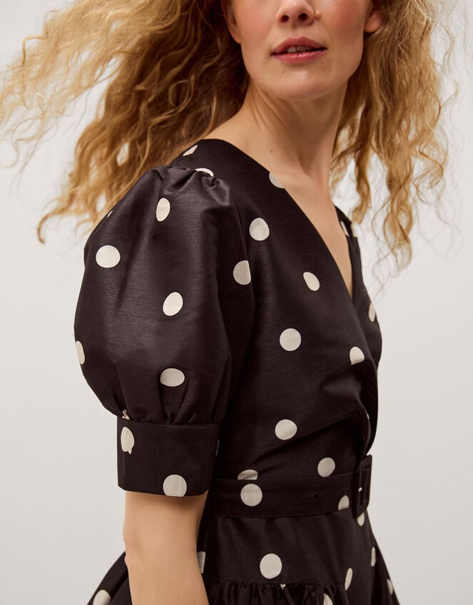 Amara Polka Dot Belted Midi Dress, Black (BLACK), large