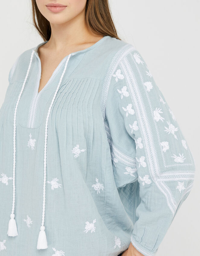 Ellen Embroidered Tassel Blouse, Blue (BLUE), large
