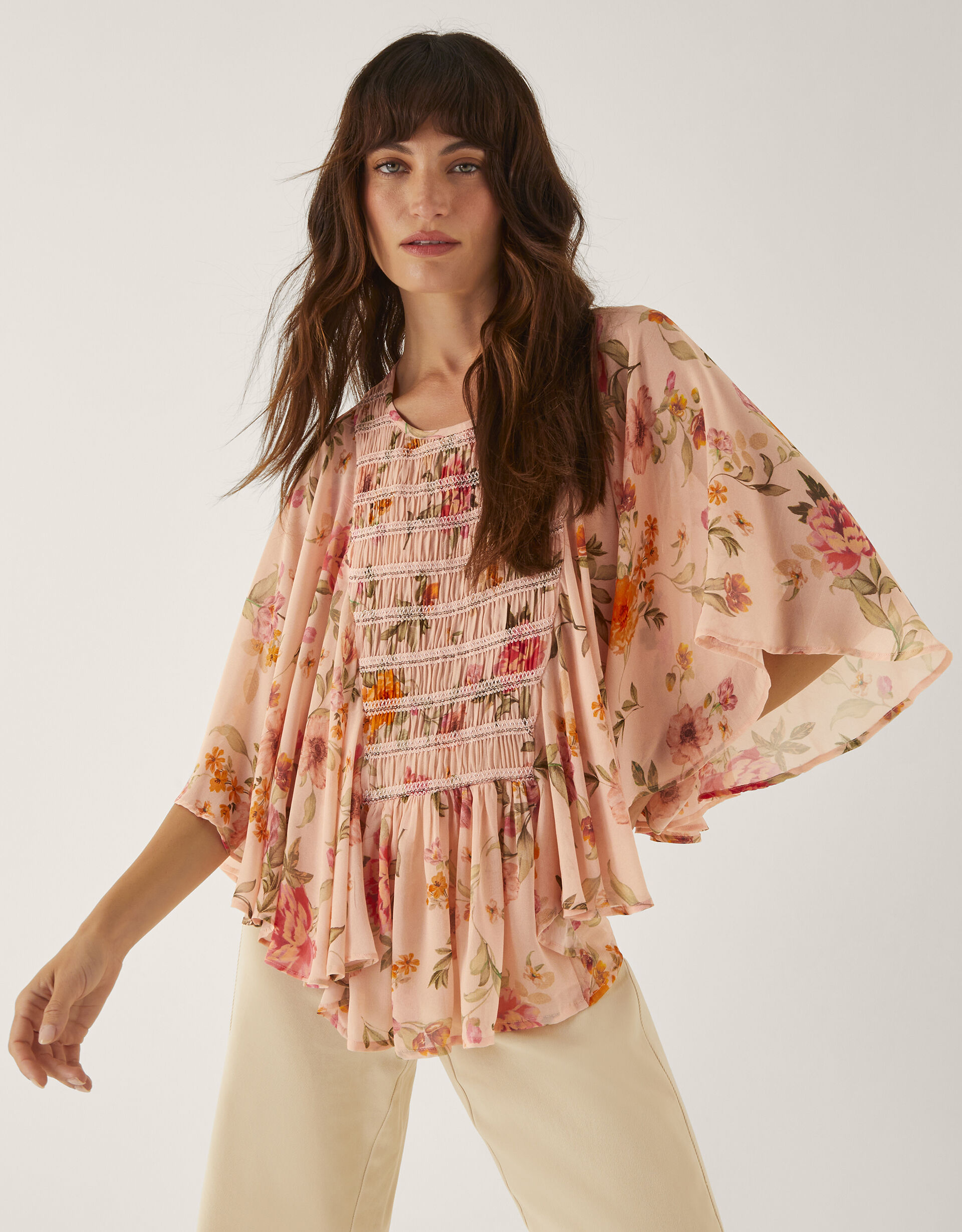 Cassia Shirred Floral Print Blouse Nude