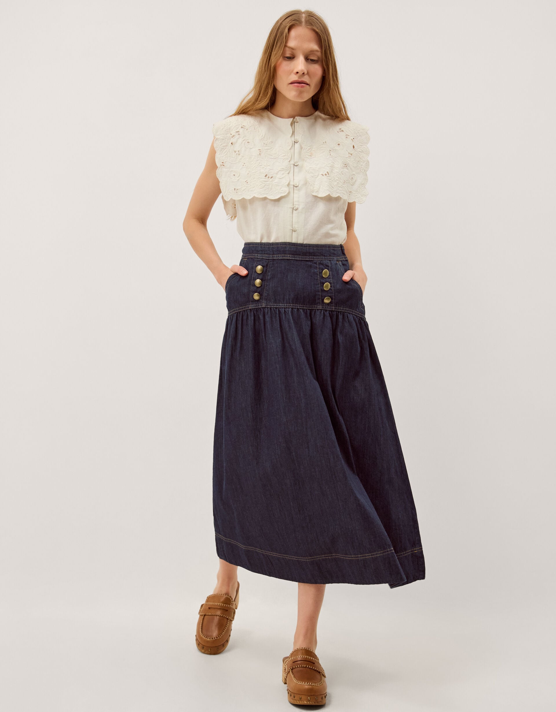 Lucy Button Denim Midi Skirt Blue