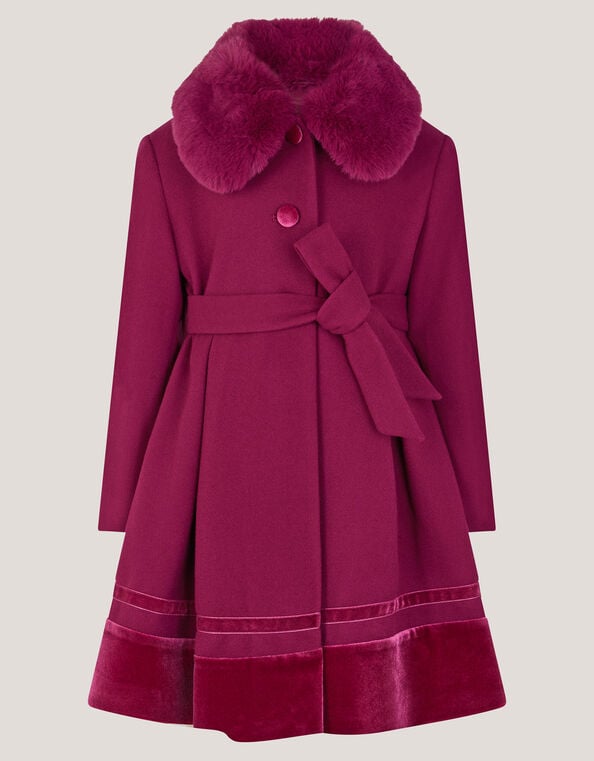 Velvet Trim Faux Fur Dress Coat, Red (BURGUNDY), large