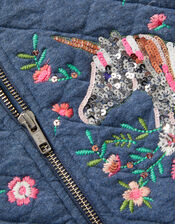 Floral Unicorn Quilted Bomber Jacket, Blue (BLUE), large