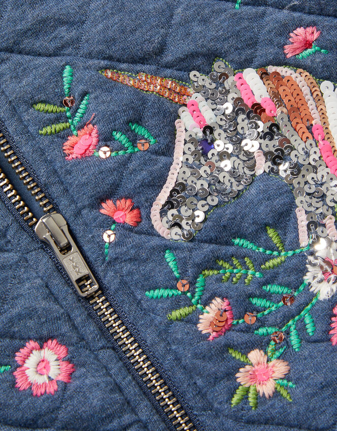 Floral Unicorn Quilted Bomber Jacket, Blue (BLUE), large