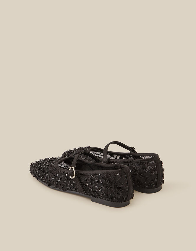 Flower Sparkle Mesh Ballet Flats, Black (BLACK), large