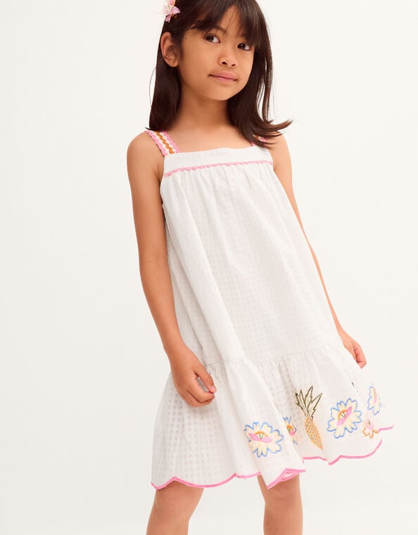 Pineapple Embroidered Scallop Swing Dress, White (WHITE), large