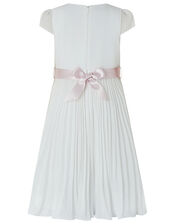 Marbella Pleated Maxi Dress with Floral Belt, Ivory (IVORY), large