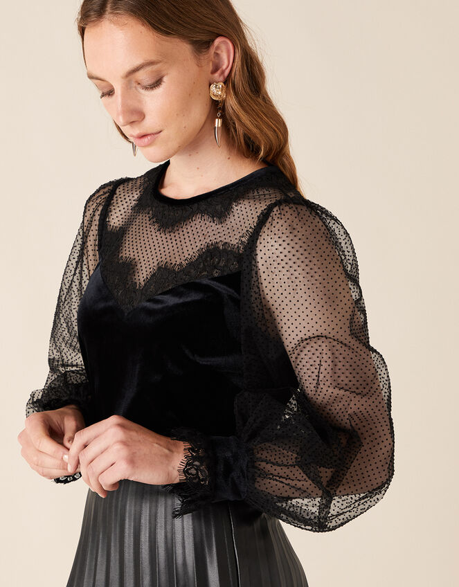 Lisandra Lace and Velvet Blouse, Black (BLACK), large