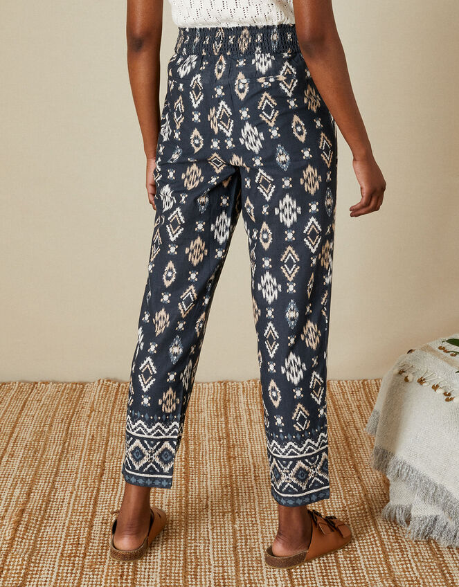 Ikat Print Pull On Trousers in Sustainable Cotton, Blue (NAVY), large