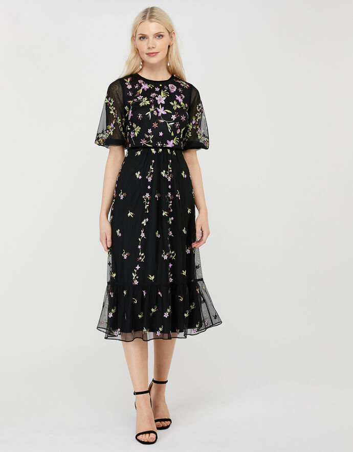 Emma Floral Embroidered Dress Black | Evening Dresses | Monsoon UK.