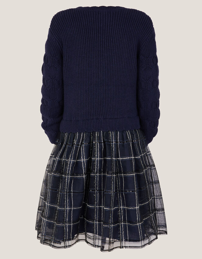 Bow Knit 2-in-1 Check Dress, Blue (NAVY), large