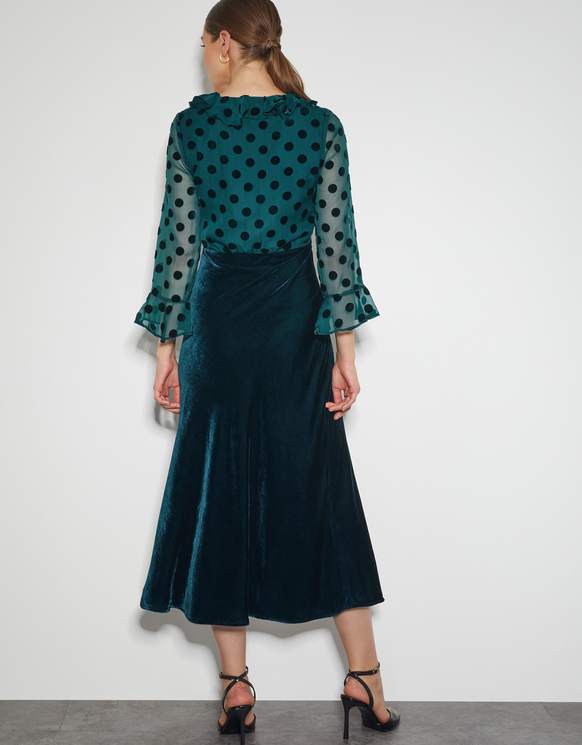 Dora Polka Dot Velvet Midi Dress Teal