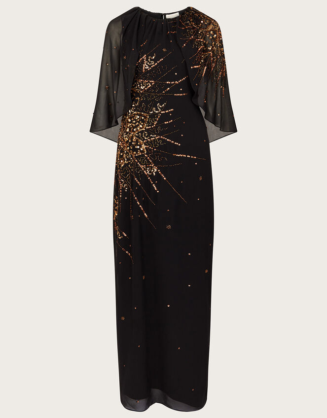 Charlene Embellished Cape Dress in Recycled Polyester, Black (BLACK), large