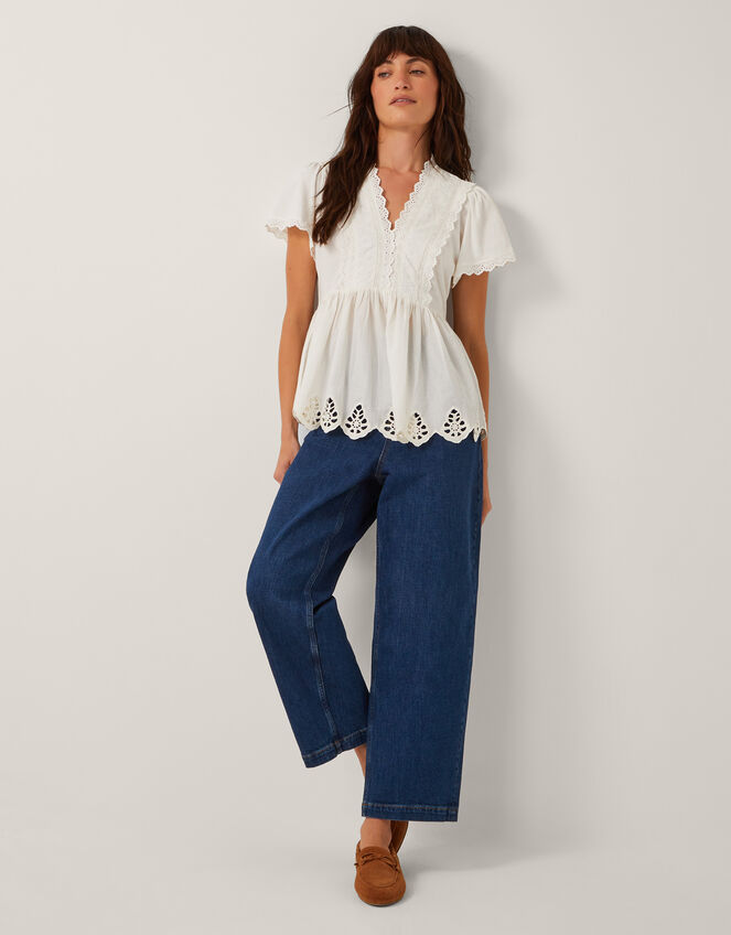 Dee Broderie Jersey Top, Ivory (IVORY), large