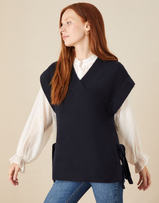 Tie Side Print Knit Sleeveless Jumper, Blue (NAVY), large