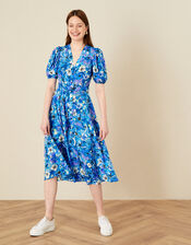 Floral Print V-Neck Shirt Dress , Blue (BLUE), large