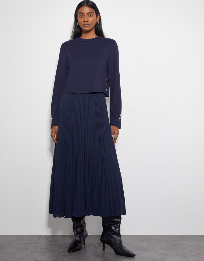Penny Long Sleeve Pleated Midi Dress, Blue (NAVY), large