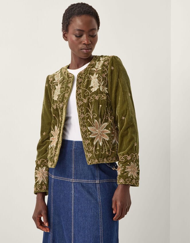 Magda Floral Embroidered Velvet Jacket, Green (KHAKI), large