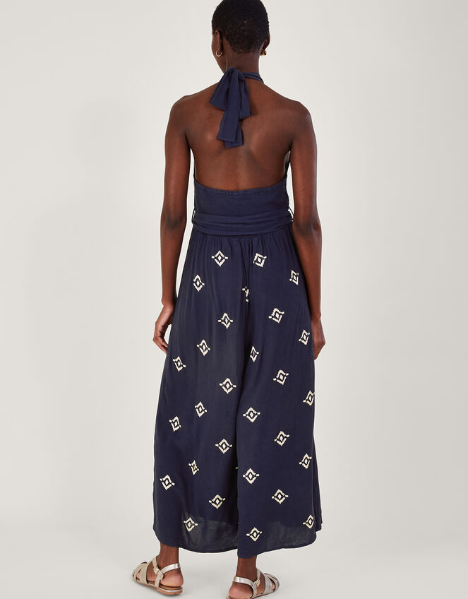 Embroidered Motif Halter Neck Jumpsuit, Blue (BLUE), large