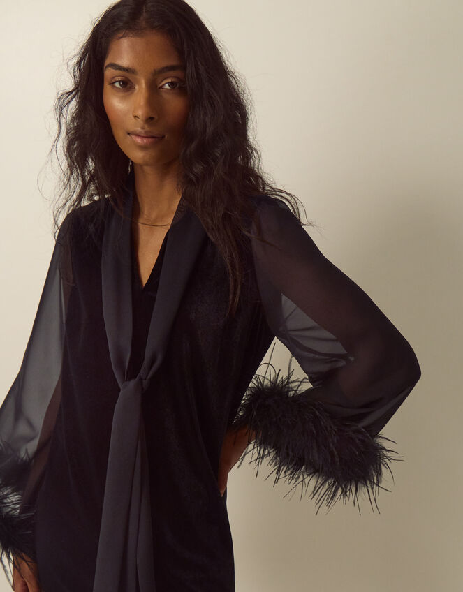 Sadie V-Neck Faux Feather Velvet Mini Dress, Black (BLACK), large