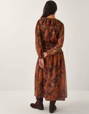 Synthia Snake Print Smocked Midi Dress, Yellow (OCHRE), large