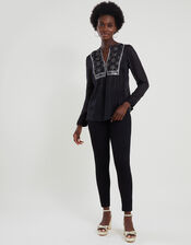 Haley Embroidered Bib Blouse, Black (BLACK), large