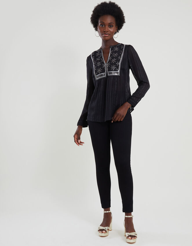 Haley Embroidered Bib Blouse, Black (BLACK), large