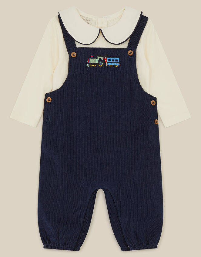 Newborn Train Embroidered Top & Corduroy Dungarees Set , Blue (NAVY), large