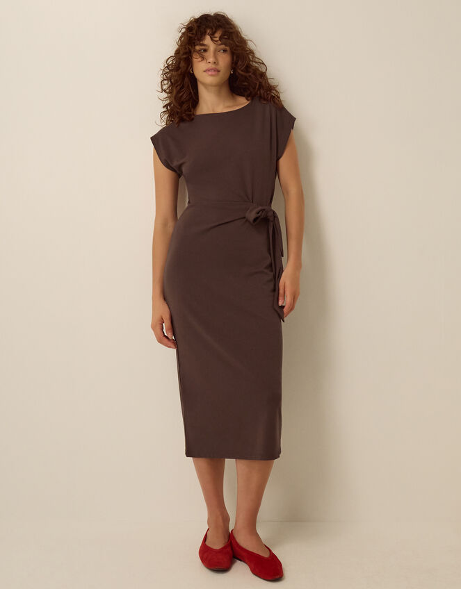 Tiff Tie Side Jersey Midi Dress, Brown (CHOCOLATE), large