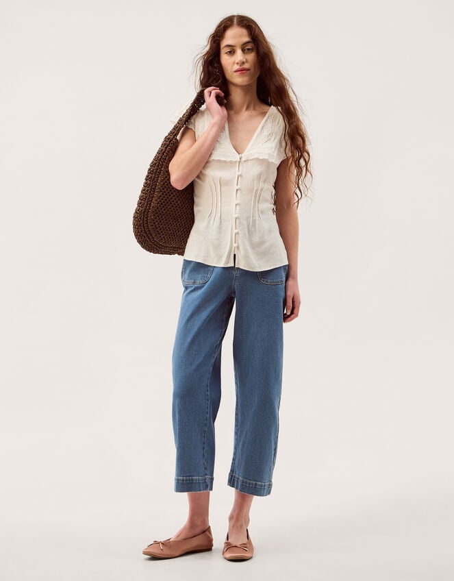 Frannie Square Collar Linen Blend Top, Ivory (IVORY), large